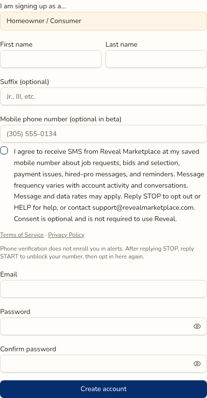 Homeowner signup real SMS consent screenshot