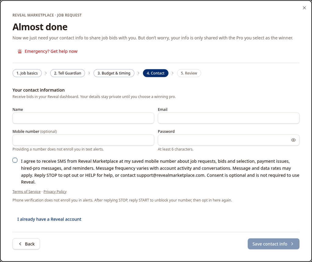 Homeowner intake signup real SMS consent screenshot